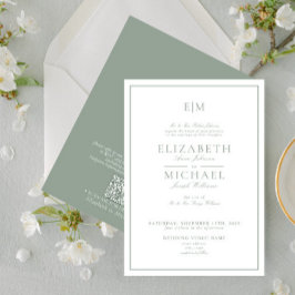 QR Code Sage Grönt Classic Script Monogram Bröllop Inbjudningar