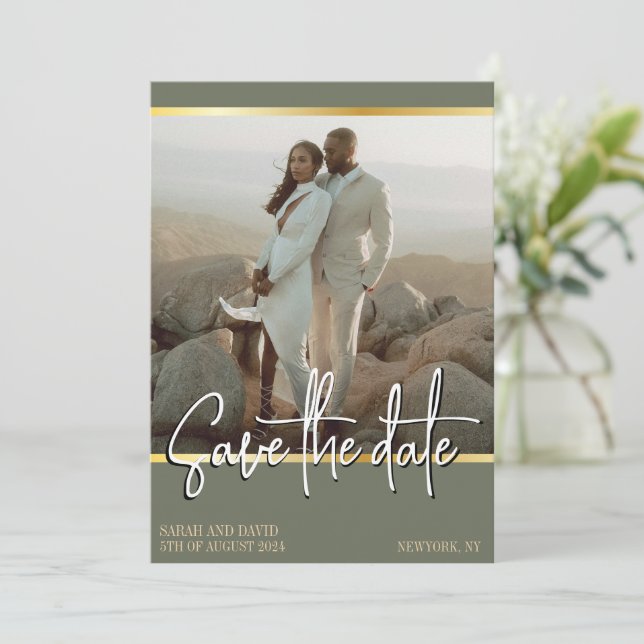 QR Code Sage Grönt Golden Minimalist Photo Spara Datumet (Stående Fram)