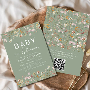QR Code Sage Grönt Wildblomme Baby i bloomduschar Inbjudningar