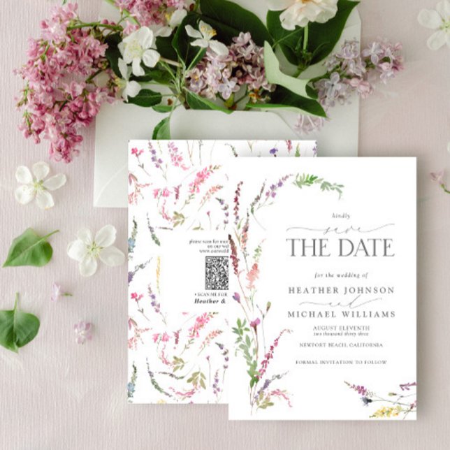 QR Code Save the Date Elegant Wildflower Floral Inbjudningar (Skapare uppladdad)