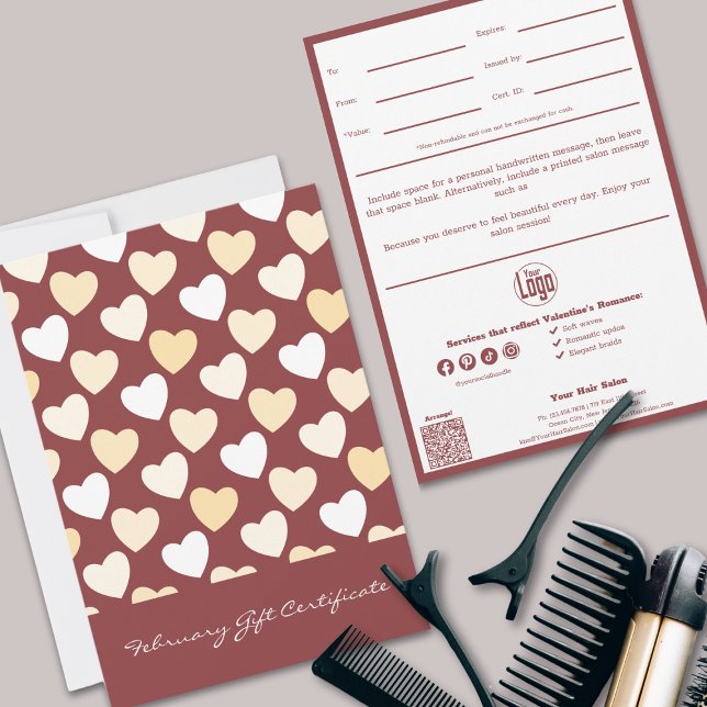 QR Code Services-meddelande, februari - presentati (QR Code Services Note February Gift Certificate, Smoky Topaz & White, Heart Pattern)