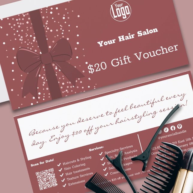 QR Code Services Salon Note Gift-kupongkort (QR Code Services Salon Note Gift Voucher Card, Smoky Topaz & White, Ribbon)