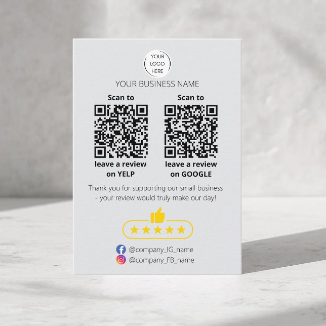 QR code small business review GOOGLE and YELP  Visitkort (QR-code "leave a review" business card. Five stars review. Custom logo, yelp and google)