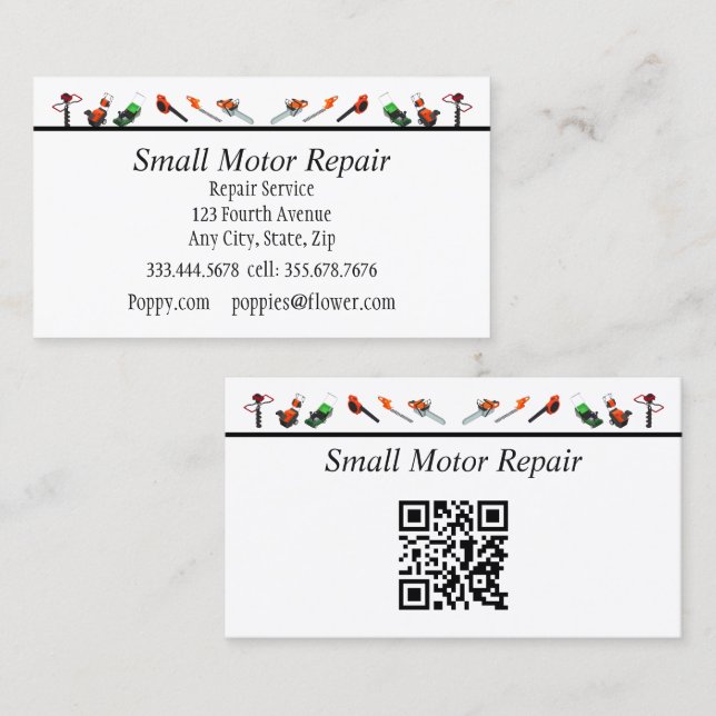 QR Code Small Engine Repair Custom Business Cards Visitkort (Fram/baksida)