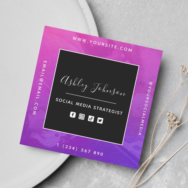 QR Code & Social Media Intense Lila Rosa Ombre Fyrkantigt Visitkort (Skapare uppladdad)
