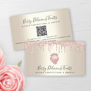 QR Code Strawberry Rosa Glitter Confement Guld Visitkort