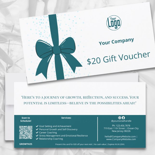 QR Code Teal Life Coach Services Gift Voucher-kort (QR Code Teal Life Coach Services Gift Voucher Card, Ribbon, Logo, Company Handwritten Note)