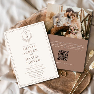 QR Code Vapensköld Mocha Brown Photo Modern Bröllo Inbjudningar
