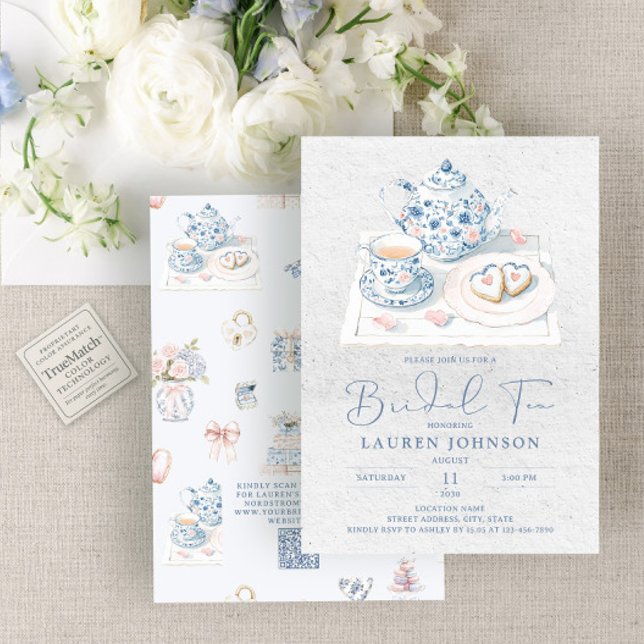QR Code Vintage French Chinoiserie Bridal Tea Inbjudningar (Skapare uppladdad)