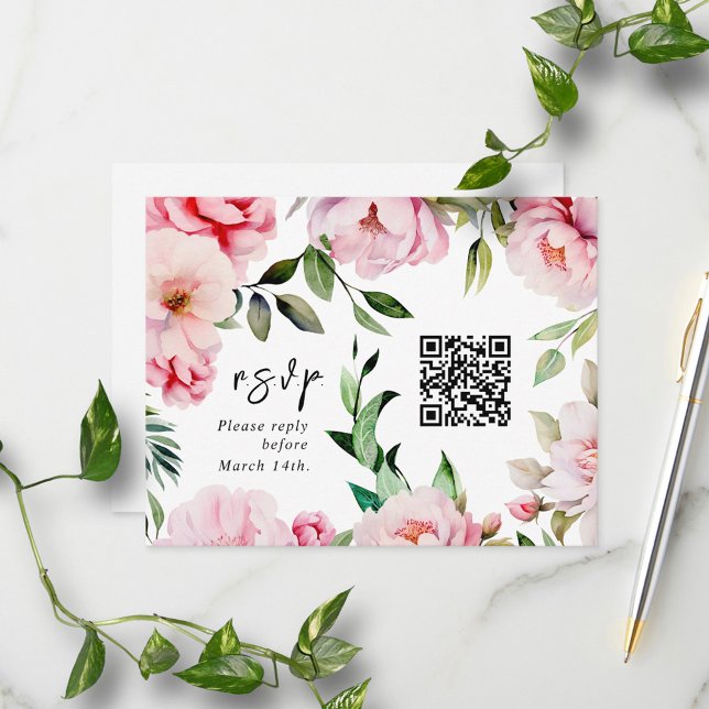 QR Code Watercolor Rosa Peony Bröllop OSA (Skapare uppladdad)