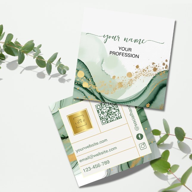 Qr Code Watercolor Sälggrön Guld  Fyrkantigt Visitkort (Skapare uppladdad)