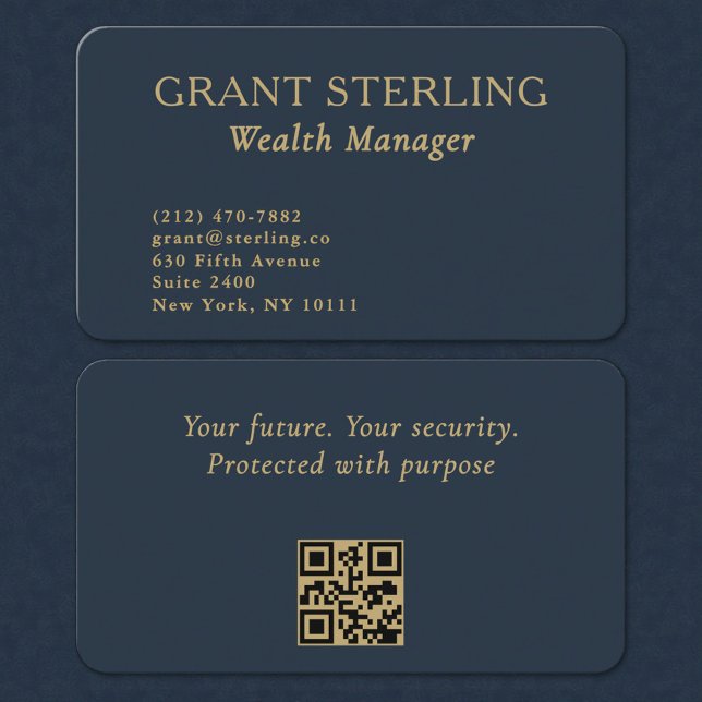 QR Code Wealth Manager Navy Blue Gold  Visitkort (Skapare uppladdad)