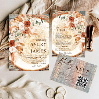 QR Code Wedding Invitation Boho Pampas Wood Slice Inbjudningar
