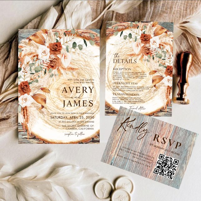 QR Code Wedding Invitation Boho Pampas Wood Slice  Inbjudningar (Skapare uppladdad)