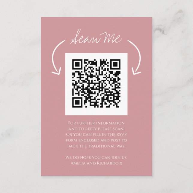 QR code wedding website monogram pink scan reply Tilläggskort (Baksida)