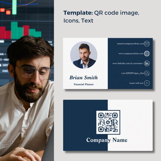 QR Code White and Blue Financial Planner Visitkort (QR Code White and Blue Financial Planner Business Card)