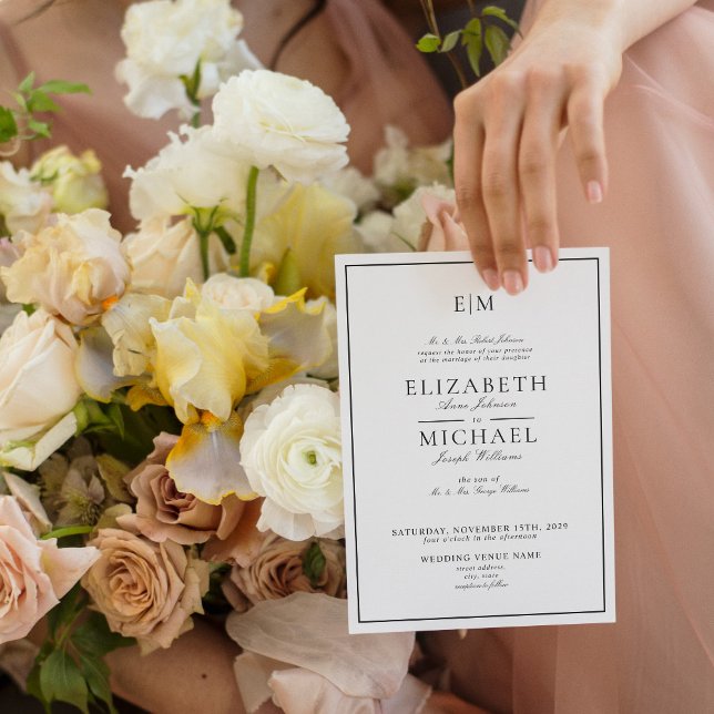 QR Code White Black Classic Monogram Bröllop Inbjudningar (Skapare uppladdad)