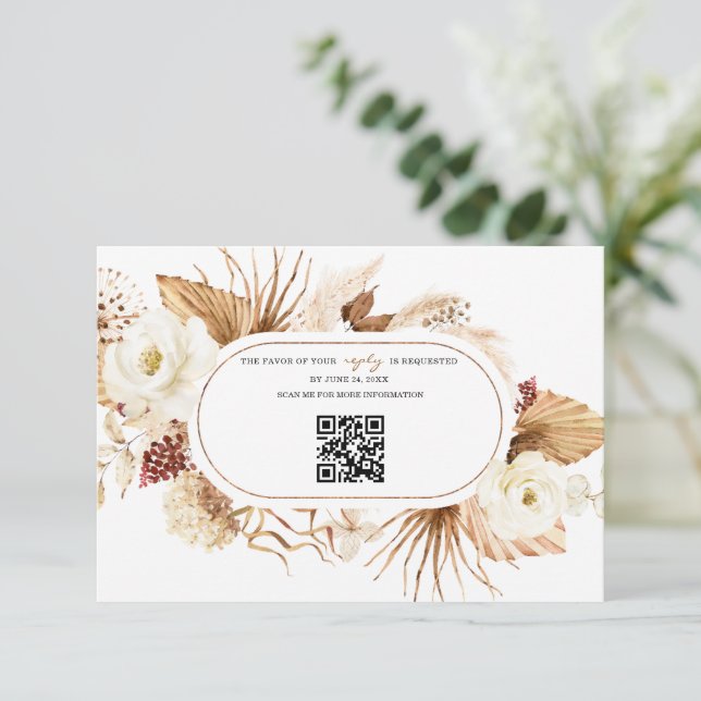 QR Code White Flowers Pampas Grass Birthday Reply OSA Kort (Stående Fram)