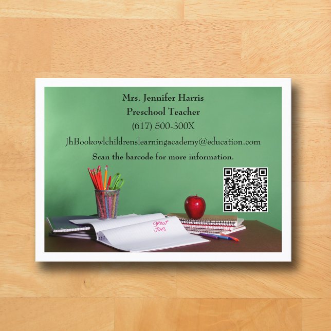 QR Code White Grade School Preschool Teacher  Visitkort (White Business Card for Teacher )