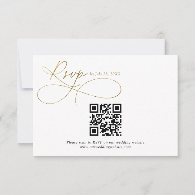 QR Code White och Guld Script Calligraphy Bröllop OSA Kort (Framsida)