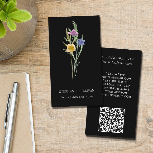 QR Code Wildblomme Professionell Black Visitkort (Skapare uppladdad)
