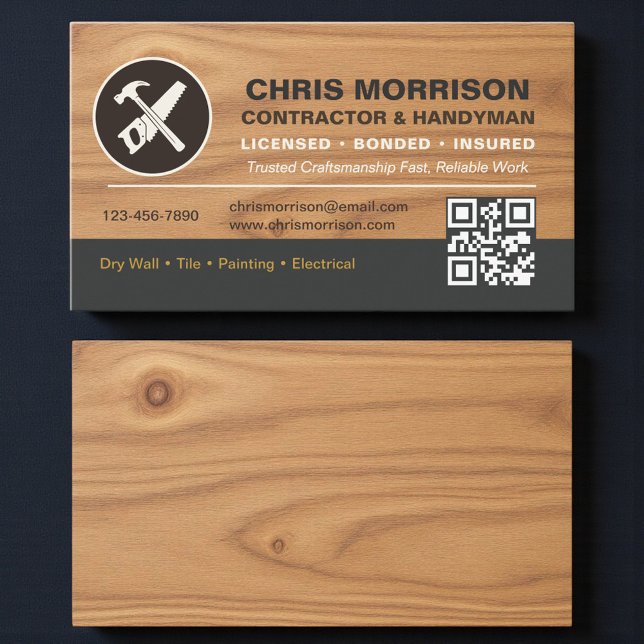 QR Code Wood Contractor Handyman Tools Logo Visitkort (Skapare uppladdad)