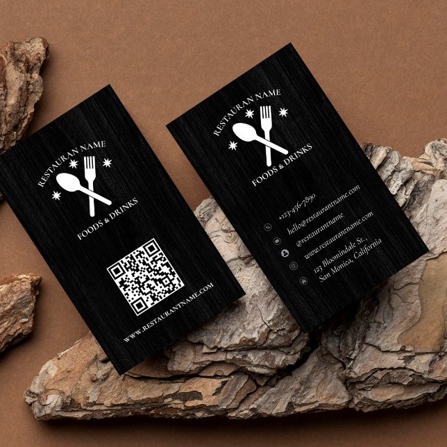 QR Code Wood Textured Restaurant Logotyp Rustic Visitkort (QR Code Wood Textured Restaurant Logo Rustic Business Card)