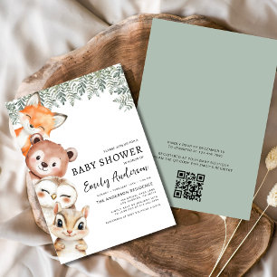 QR Code Woodland Animals Baby Shower Inbjudningar
