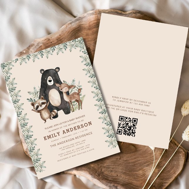 QR Code Woodland Forest Animals Baby Shower Inbjudningar (Skapare uppladdad)