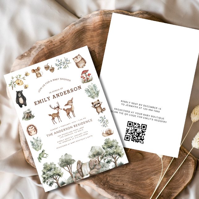 QR Code Woodland Forest Animals Baby Shower Inbjudningar (Skapare uppladdad)