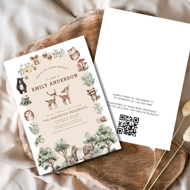 QR Code Woodland Forest Animals Baby Shower Inbjudningar (Skapare uppladdad)