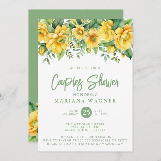 QR Code Yellow Sage Floral Couples Shower  Inbjudningar (Fram/baksida)