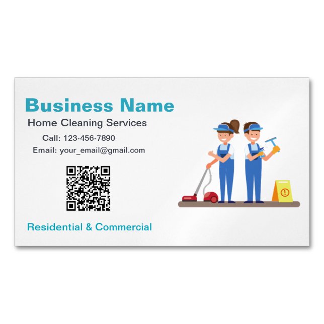 QR Custom Cleaning Service Maid Business Card Magnetiska Visitkort (Framsida)