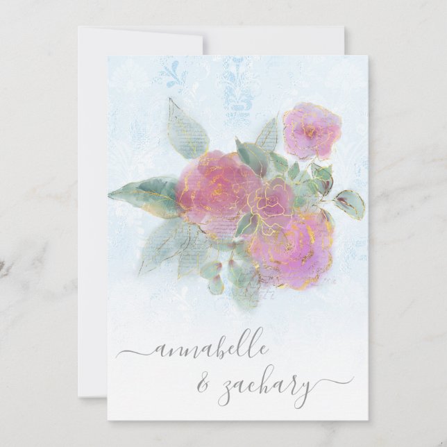 *~* QR Damask AR12 OSA Bukett med rosor Guld Bröll Inbjudningar (Framsida)