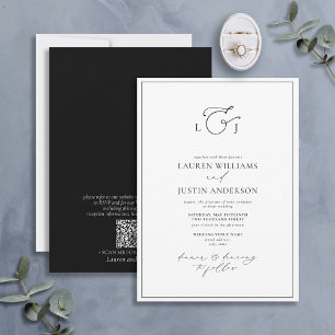 QR Elegant Black White Calligraphy Monogram Inbjudningar