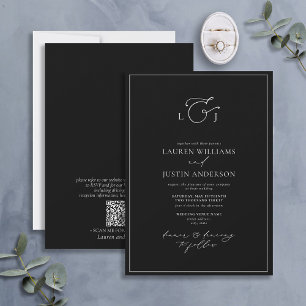 QR Elegant Black White Calligraphy Monogram Inbjudningar