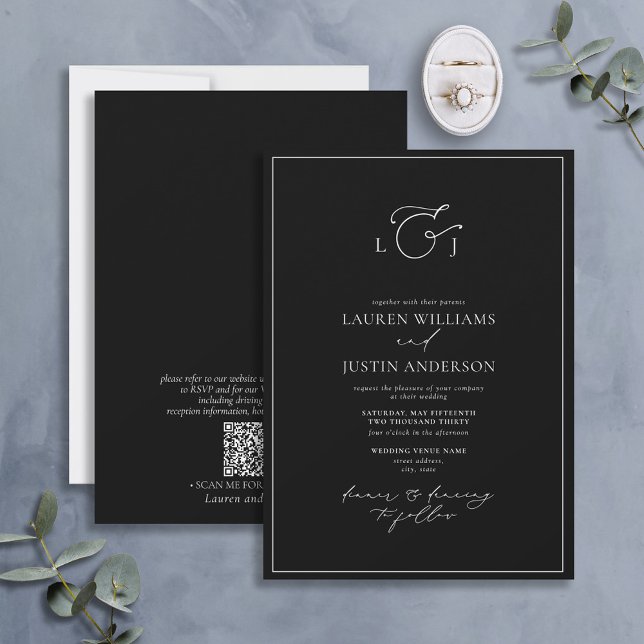 QR Elegant Black White Calligraphy Monogram Inbjudningar (Skapare uppladdad)