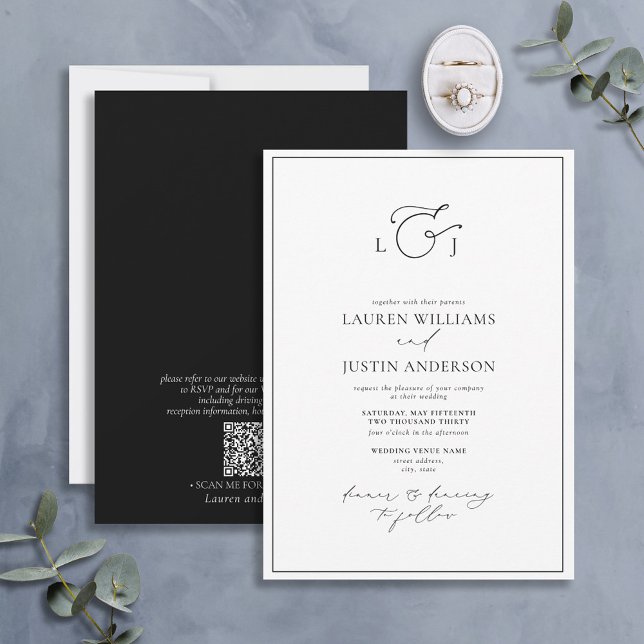 QR Elegant Black White Calligraphy Monogram Inbjudningar (Skapare uppladdad)