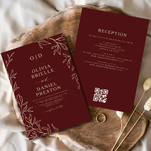 QR Elegant Burgundy Guld Monogram Bröllop Inbjudningar