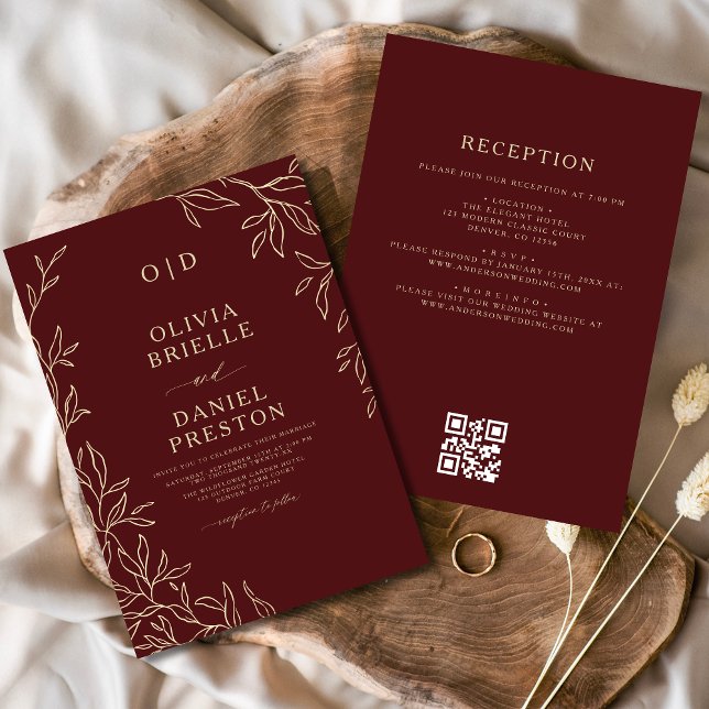 QR Elegant Burgundy Guld Monogram Bröllop Inbjudningar (Skapare uppladdad)
