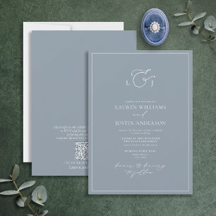 QR Elegant Dusty Blue Calligraphy Monogram Inbjudningar