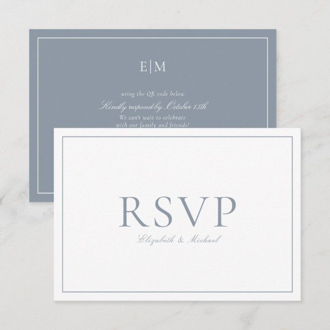 QR-Elegant Dusty Blue Monogram Bröllop OSA (Fram/baksida)