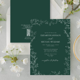 QR Elegant Emerald Grönt Minimal Löv Bröllop Inbjudningar