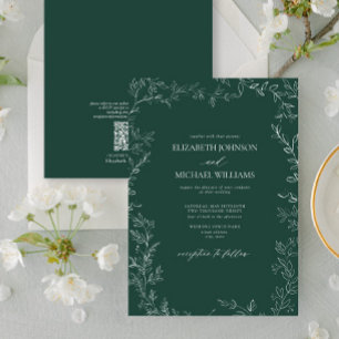 QR Elegant Emerald Grönt Minimal Löv Bröllop Inbjudningar