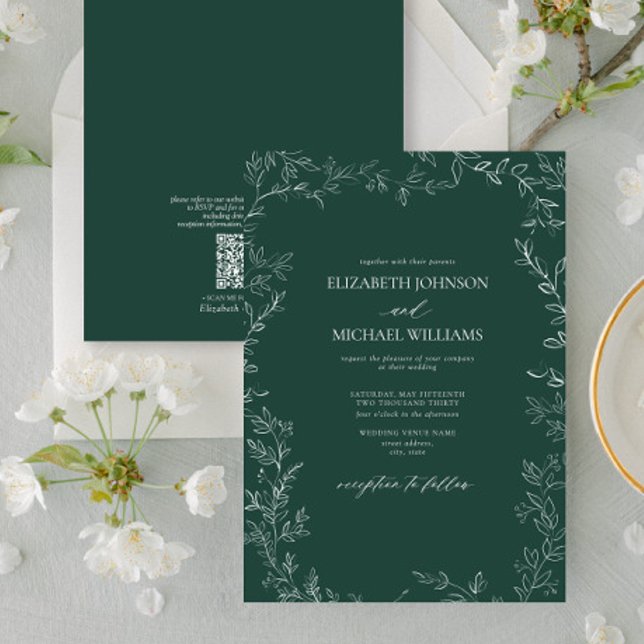 QR Elegant Emerald Grönt Minimal Löv Bröllop Inbjudningar (Skapare uppladdad)