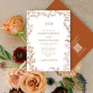 QR-Elegant för bränd Orange i Löv, Monogram Bröllo Inbjudningar