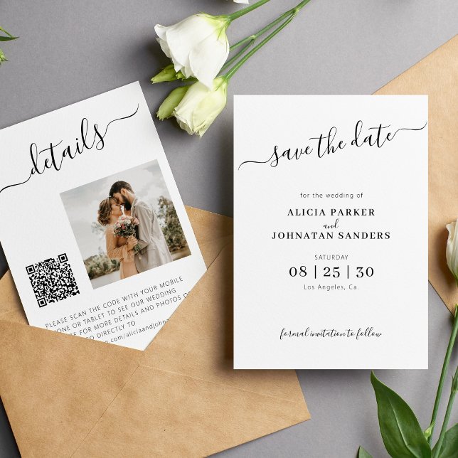 QR-elegant för fotot svart vit enkel bröllop Spara Datumet (Skapare uppladdad)