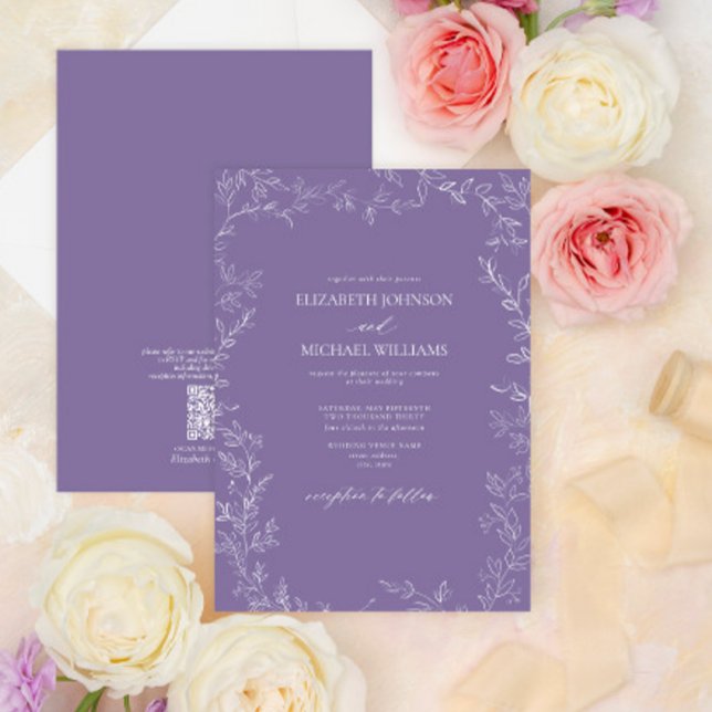 QR Elegant Lavender Minimal Löv Bröllop Inbjudningar (Skapare uppladdad)