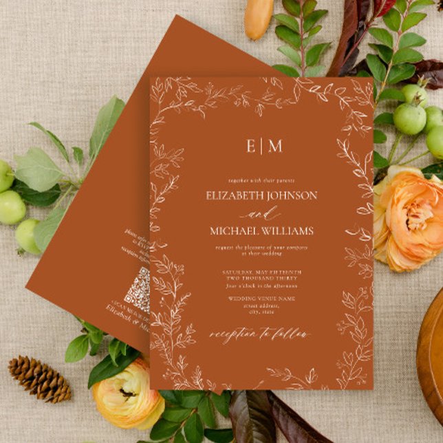 QR Elegant Löv Burnt Orange Monogram Bröllop Inbjudningar (Skapare uppladdad)