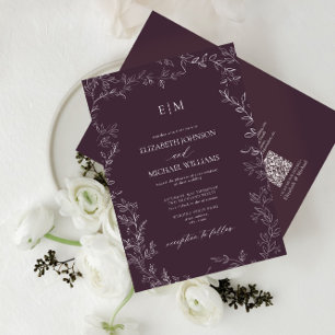 QR Elegant Löv Plum Lila Monogram Bröllop Inbjudningar